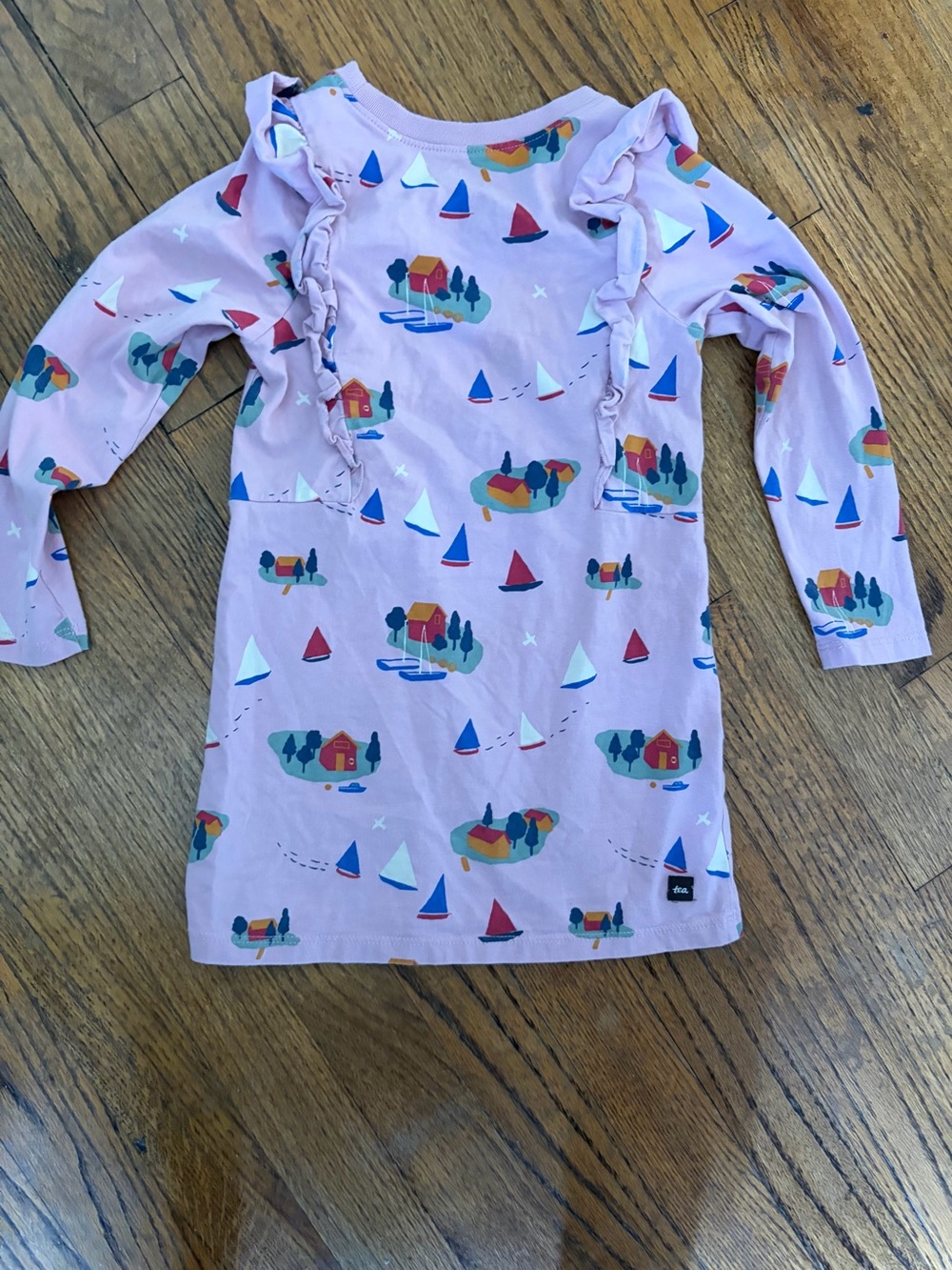 Tea Collection 4T Pink Ruffle Long-Sleeve cotton dress boar and island print